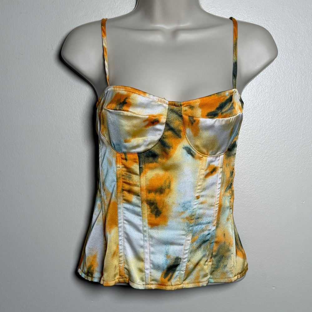 PrettyLittleThing Womens Corset Top 6 Orange Tie Dye Satin Zipper Y2K Festival